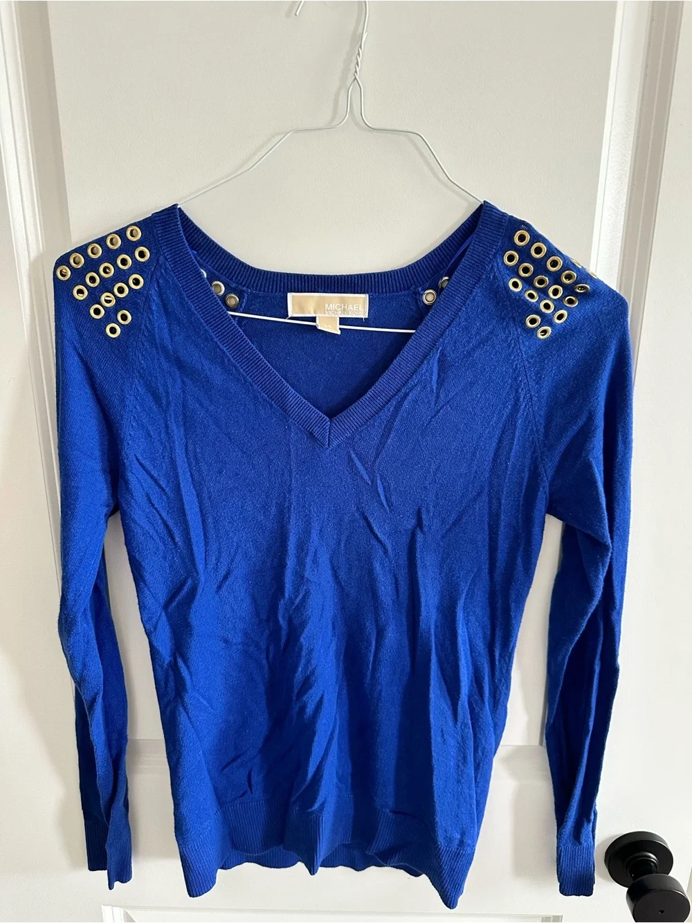 Michael Kors Royal Blue V-Neck Sweater with Gold Eyelet Shoulders
